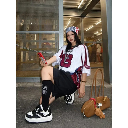 European and American Hip-hop Enthusiasts V-neck Short Sleeved T-shirt Retro Rugby Tops