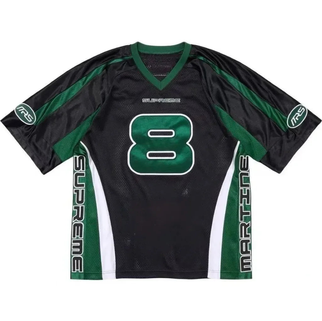 European and American Hip-hop Enthusiasts V-neck Short Sleeved T-shirt Retro Rugby Tops